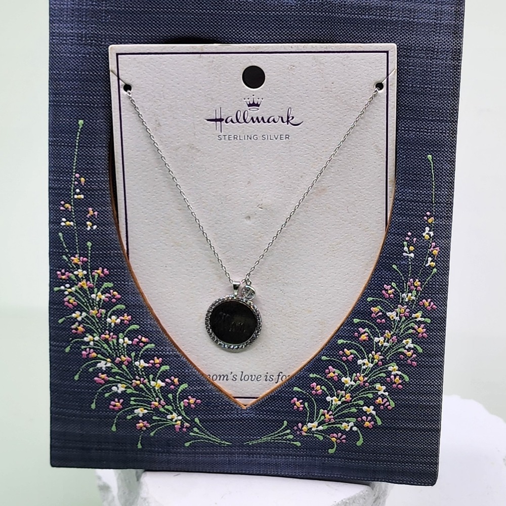 Hallmark Sterling Silver Mom Pendant Necklace Clear Crystal Stones Mother Gift